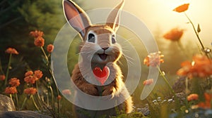 Cute fluffy rabbit hugging red heart. Valentine's Day greetings from romantic bunny holding heart.