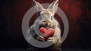 Cute fluffy rabbit hugging red heart. Valentine's Day greetings from romantic bunny holding heart.