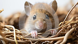 Cute fluffy rabbit, small and shy, looking alert in nature generated by AI