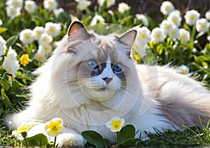 Cute fluffy Ragdoll cat enjoys sniffing the primroses. A clear, sunny day. Warm spring weather. Portrait, close-up.