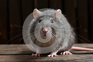 Cute fluffy rat with whiskers gazes at camera indoors