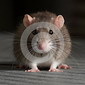 Cute fluffy rat with whiskers gazes at camera indoors photo