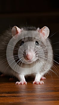 Cute fluffy rat with whiskers gazes at camera indoors photo