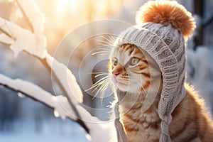 Cute fluffy red kitten wearing funny knitted hat in snowy winter forest on sunny evening