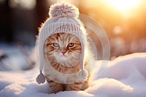 Cute fluffy red kitten wearing funny knitted hat in snowy winter forest on sunny evening