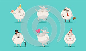 Cute Fluffy Sheep Holding Cake and Jumping Vector Set