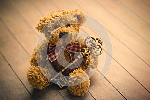 cute fluffy teddy bear with golden key on the wonderful brown wooden background