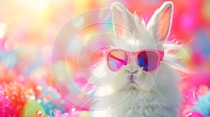 Cute fluffy white bunny sitting among flowers. Creative Easter banner in pastel neon pink yellow colors. Holiday card with copy