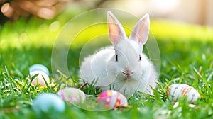 Cute fluffy white bunny sitting in green grass Easter eggs laying around. Holiday banner with copy space
