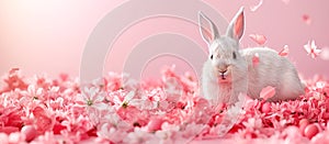 Cute fluffy white bunny sitting among pink flowers. Creative Easter banner in pastel colors. Holiday card with copy space