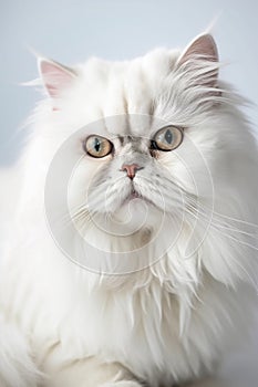 Cute fluffy white long-haired Persian cat looking straight into the camera. Macro shot of the face with grouchy expression