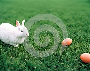 Cute fluffy white rabbit among easter multi-colored chicken eggs. AI generated