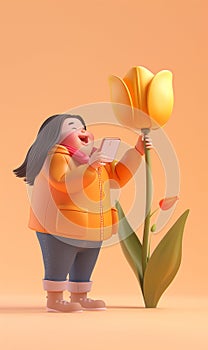 Cute fluffy woman takes a picture of a giant yellow tulip. Canadian Tulip Festival or Netherlands event. Vertical 3d