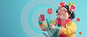 Cute fluffy woman takes a picture of a tulip. Canadian Tulip Festival or Netherlands event. Horizontal 3d illustration