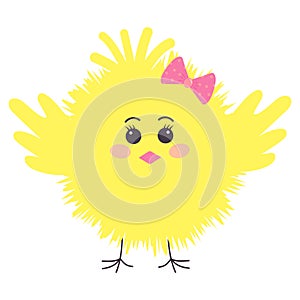Cute fluffy yellow chick with pink bow. Easter baby chicken. Cartoon character