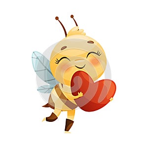 Cute Flushed Bee Character with Striped Yellow Body and Wings Holding Red Heart Vector Illustration