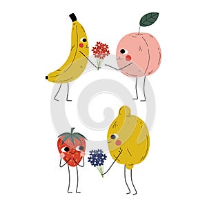 Cute Flushed Fruit Holding Giving Flower Bouquet Vector Set