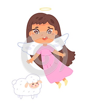 Cute flying baby angel with dress, wings and nimbus flying in sky and funny sheep