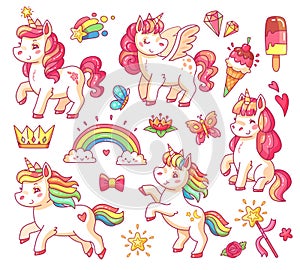 Cute flying baby rainbow unicorn with gold stars and sweet ice creams. Magic little pony fantasy unicorns cartoon vector set