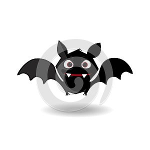 Cute flying bat flittermouse with red eyes and fangs on white background