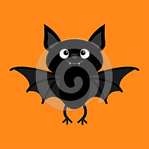 Cute flying bat. Happy Halloween. Cartoon kawaii funny baby animal charater. Greeting card. Flat design. Orange background.