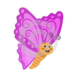 Cute flying butterfly in flat style with lilac wings.