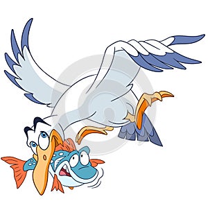 Cute flying cartoon seagull with a fish