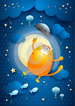 Cute flying cat with umbrella on starry sky photo