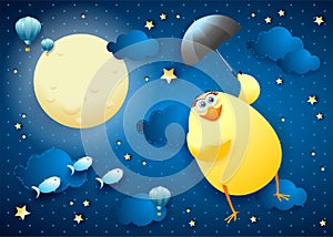 Cute flying chick with umbrella on starry sky