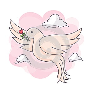 Cute flying dove bird vector illustration, Peace and love symbol or icon