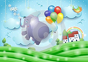 Cute flying elephant and balloons on paper landscape