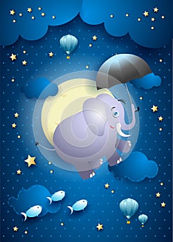 Cute flying elephant with umbrella on starry sky