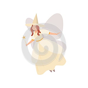 Cute flying fairy with magic stick and white clothes
