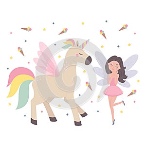 Cute flying fairy and unicorn are childrens fairy tale characters. Flat cartoon vector illustration
