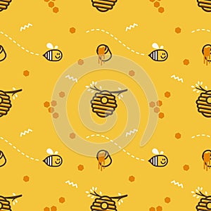 Cute flying little bee hive honeycomb with honey jar vector seamless pattern background