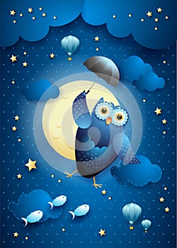 Cute flying owl with umbrella on starry sky