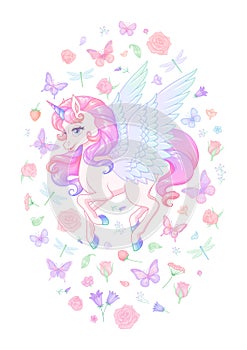 Cute flying pink unicorn with wings surrounded with flowers and butterflies. Vector illustration.