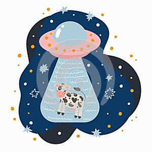 Cute flying saucer abduction a cow. Hand drawn doodle UFO in night sky.