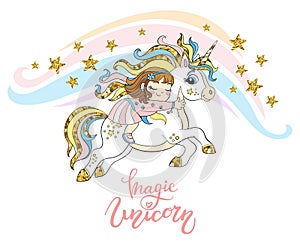 Cute flying unicorn and dreaming girl vector illustration