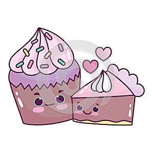 Cute food chocolate cupcake and cake love sweet dessert pastry cartoon isolated design