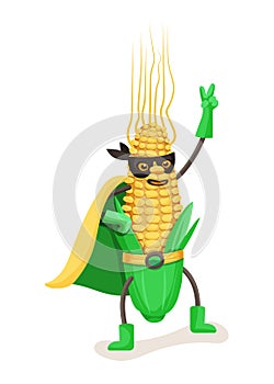 Cute food corn in cloak of superhero and mask.