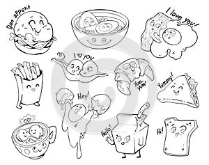 Cute food is drawn in comic style. Black and white cartoon character. Set