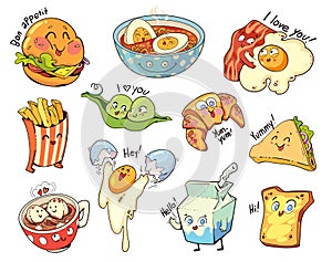 Cute food is drawn in comic style. Drawings adorable haracters with different emotions. Sticker pack