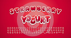 Cute food font. Cartoon alphabet and numbers sweet strawberry color, 3d sticker style. Vector font set