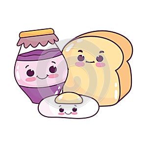 Cute food fried egg bread and jar with jam sweet dessert pastry cartoon isolated design
