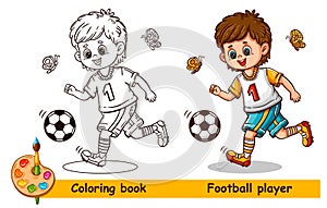 Cute football soccer player boy child education coloring book page. Kid footballer sportsman character playing sport game. Vector