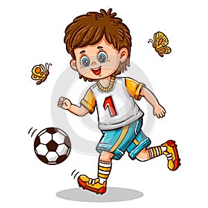 Cute football soccer player boy, child footballer playing sport game icon. Kid sportsman cartoon character run, kick ball. Vector