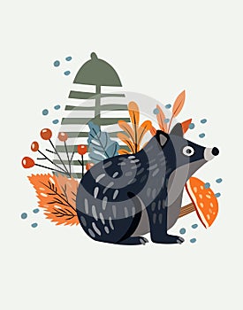 Cute forest adorable mole with wild berries and leaves. Woodland animals. Perfect for web, banner, card, poster. Vector