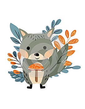 Cute forest adorable raccoon with wild berries and leaves. Woodland animals. Perfect for web, banner, card, poster