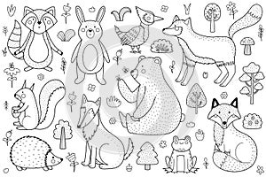 Cute forest animals black and white collection. Woodland characters set in outline